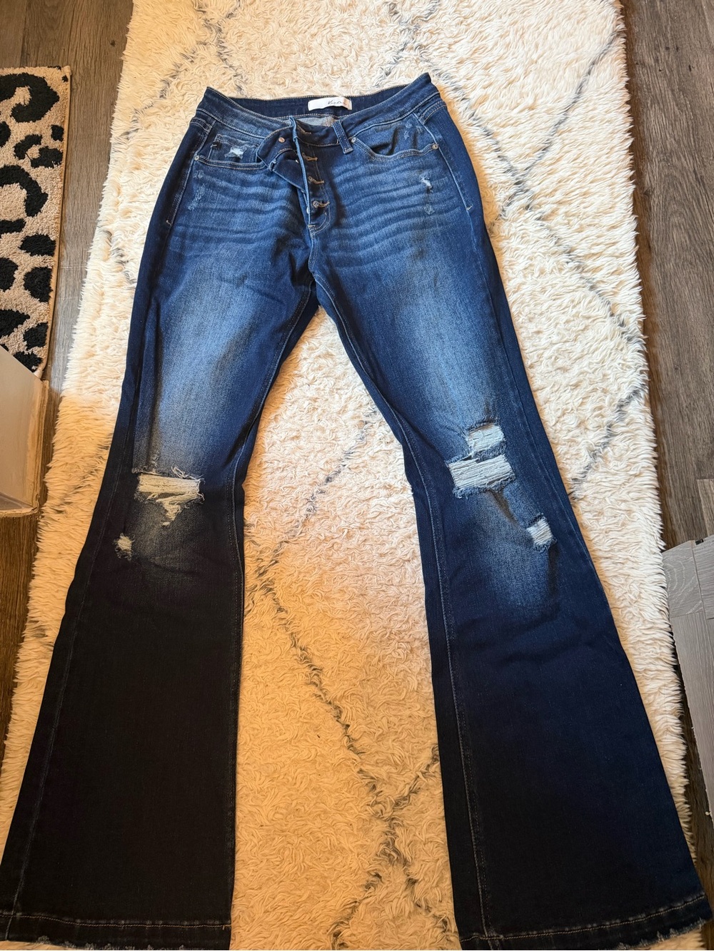 Kancan Women’s Dark Blue Distressed Flare Jeans